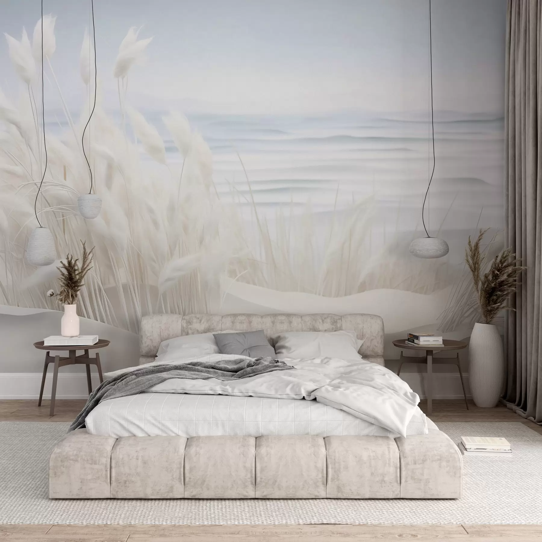 Фототапет Пейзаж с бяла пампасна трева върху пясъчна дюна, със светлосин океан на заден план, мек, минималистичен стил w09132