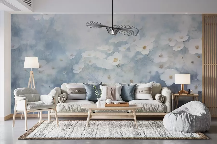 Фототапет Текстурно поле от бели цветя на анемония, мек фокус, мечтателна атмосфера, светлосиня и бяла цветова палитра, пролетна поляна w09134