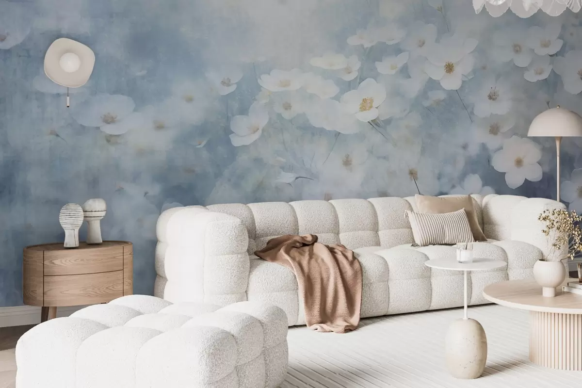 Фототапет Текстурно поле от бели цветя на анемония, мек фокус, мечтателна атмосфера, светлосиня и бяла цветова палитра, пролетна поляна w09134