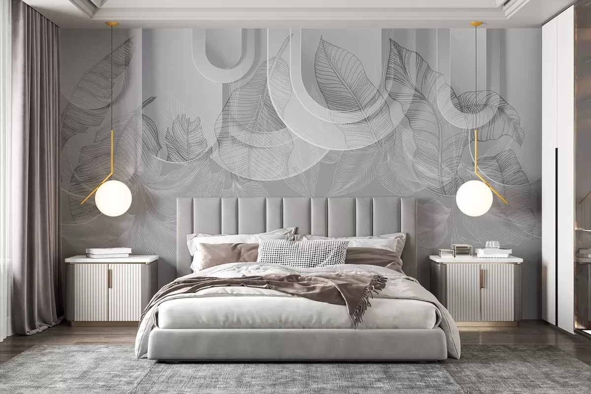 Фототапет Абстрактен фон със сиви арки и бели тропически листа, минималистичен дизайн, елегантен и модерен, неутрална цветова палитра w09138