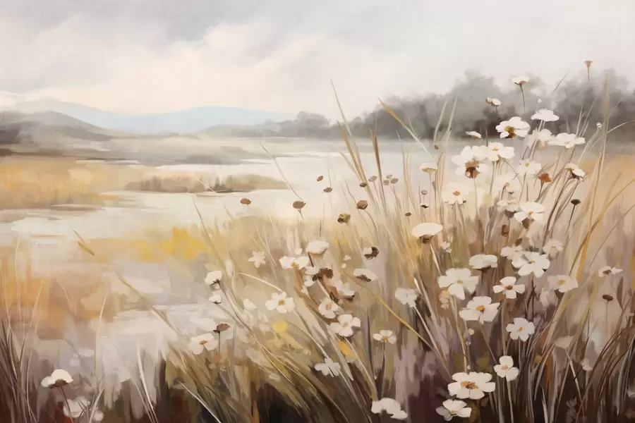 Фототапет Поле с висока трева и бели маргаритки, дървета на заден план, под облачно небе, текстуриран пейзаж, меки движения на четката w09139