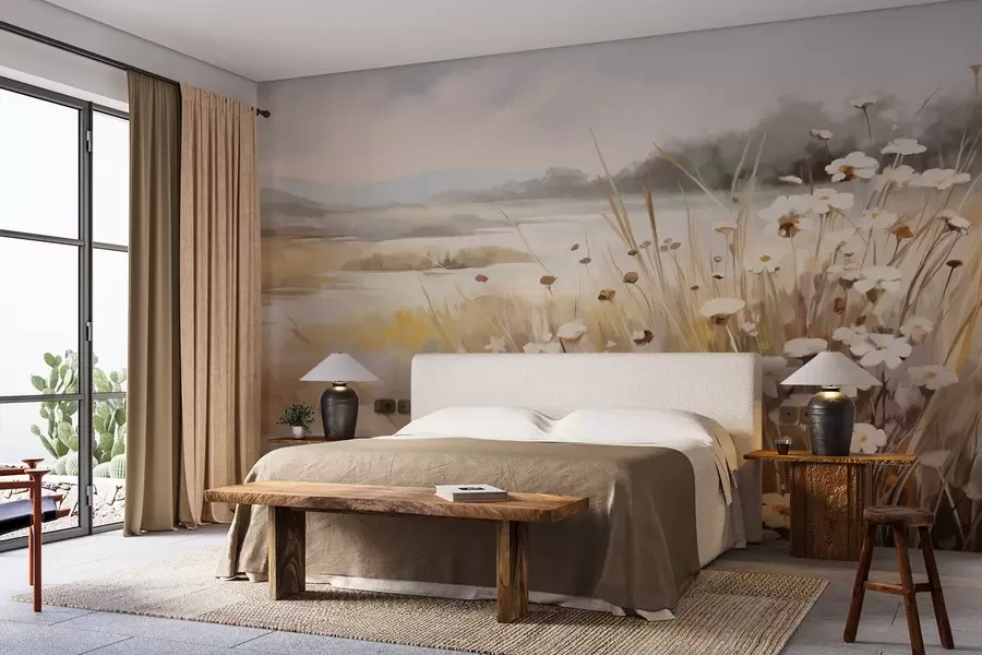 Фототапет Поле с висока трева и бели маргаритки, дървета на заден план, под облачно небе, текстуриран пейзаж, меки движения на четката w09139