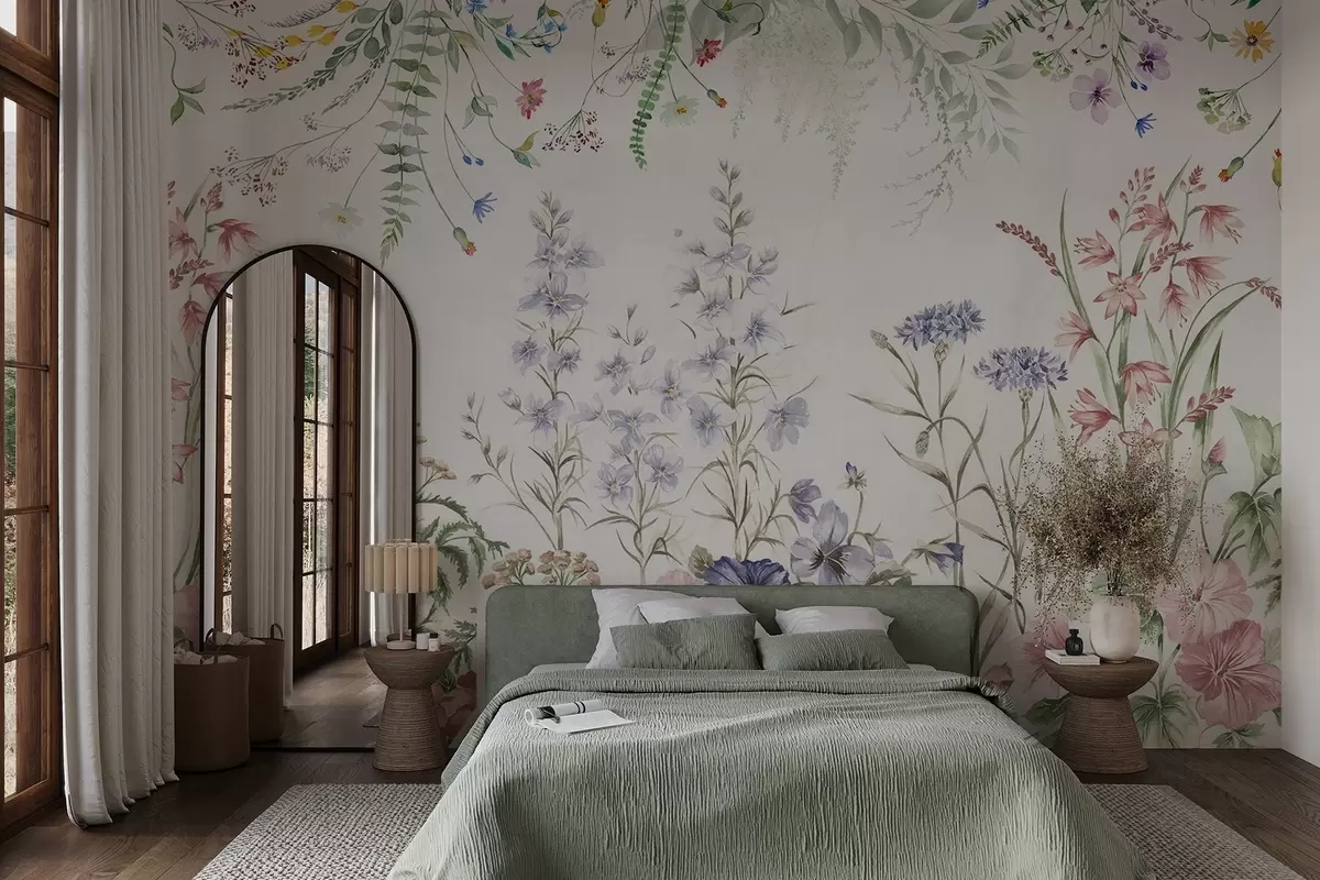 Фототапет Цветна текстурна аранжировка с цветни цветя и зелени листа, ботаническа илюстрация , меки пастелни цветове, винтидж стил w09143