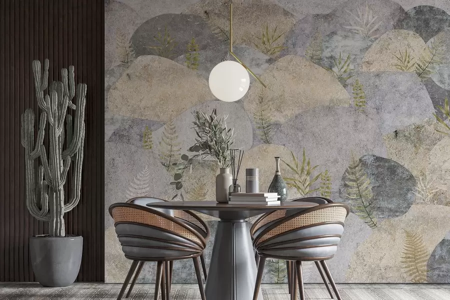 Фототапет Камъни с растения, папрат, скандинавски, рустикален стил, сиви и пясъчни цветове w04064