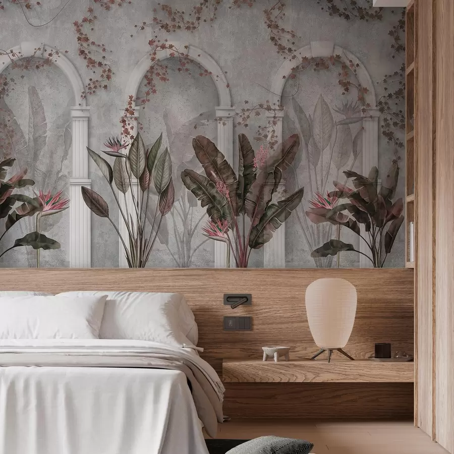 Фототапет Бетонна стена с арки и тропически растения, флорални, бордо цветове w04065v1