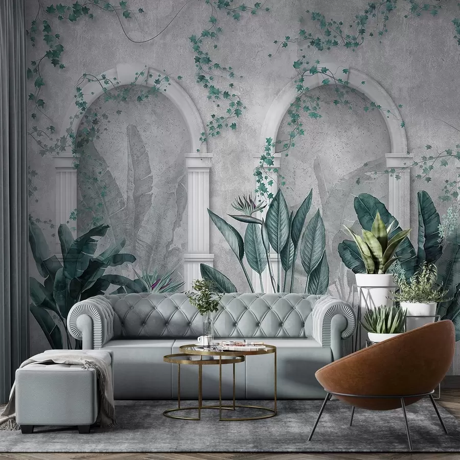 Фототапет Бетонна стена с арки и тропически растения, флорални, сини цветове w04065v2