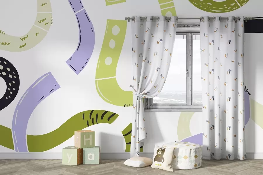 Фототапет Абстрактни рисунки, юношески, драскулки, зелено, лилаво w04066v1