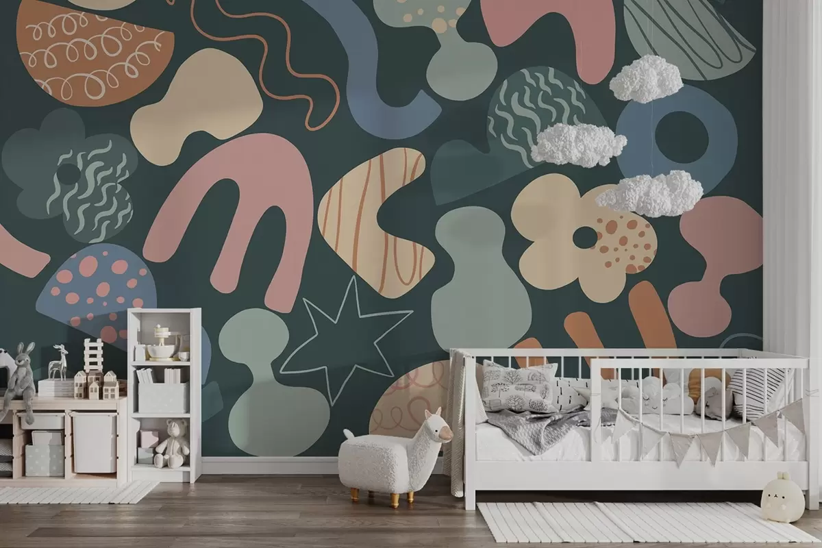 Фототапет Геометрични фигури с рисунки, младежки, тъмнозелен фон   w04068v3