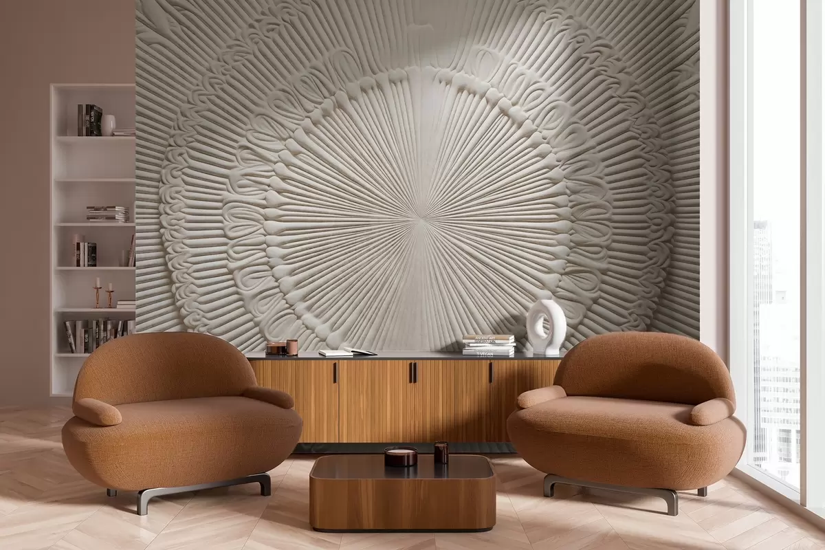 Фототапет Абстрактен текстуриран кръгъл печат с радиални линии и декоративни елементи, симетричен дизайн, релефна текстура w09154