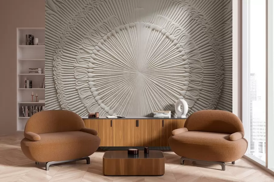 Фототапет Абстрактен текстуриран кръгъл печат с радиални линии и декоративни елементи, симетричен дизайн, релефна текстура w09154