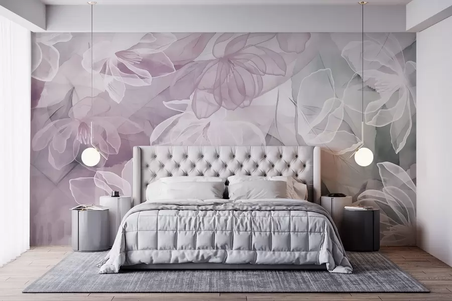 Фототапет Цветя и листа с прозрачни венчелистчета в нюанси на бяло, розово и зелено, меки и деликатни w09158v1