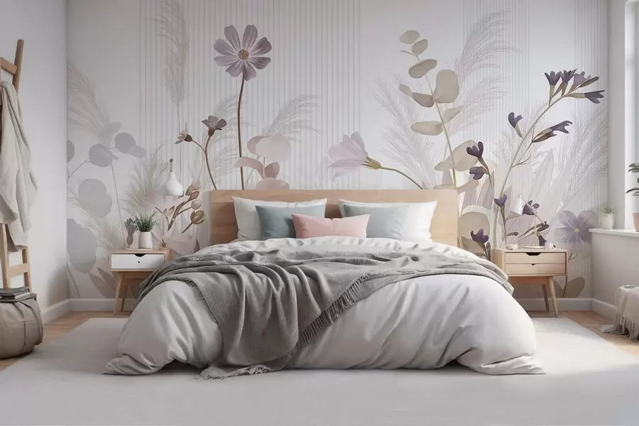 Фототапет Цветя в пастелни цветове, светлокафяви листа, бял фон с вертикални линии, елегантен и минималистичен  w09161