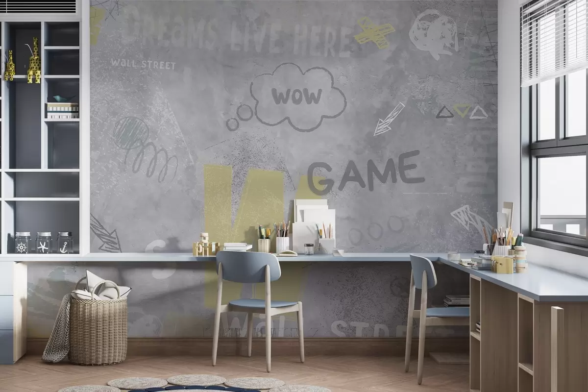 Фототапет Дизайн в стил стрийт арт с надписи в жълт цвят на фона на бетонна стена w04056