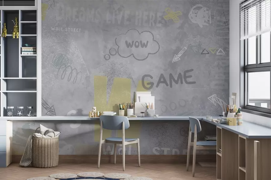 Фототапет Дизайн в стил стрийт арт с надписи в жълт цвят на фона на бетонна стена w04056