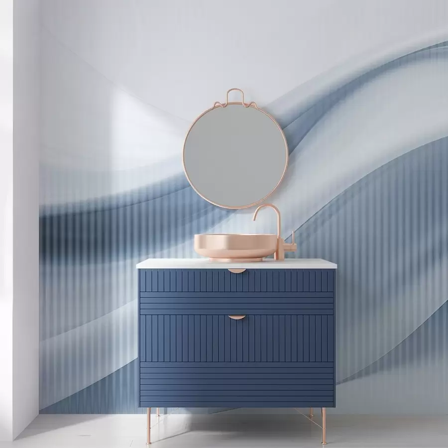 Фототапет Абстрактен принт с плавни линии и фини вертикални ивици, създаващи усещане за движение и дълбочина, синя палитра w09189v1