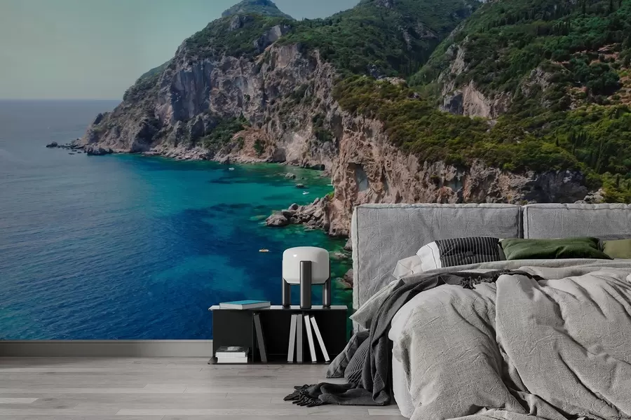 Фототапет Скални планини близо до морето, рисунка в маслени бои, аквамаринова вода w04096