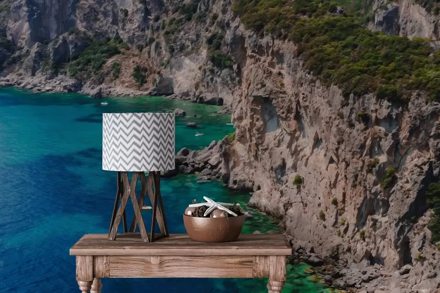 Фототапет Скални планини близо до морето, рисунка в маслени бои, аквамаринова вода w04096