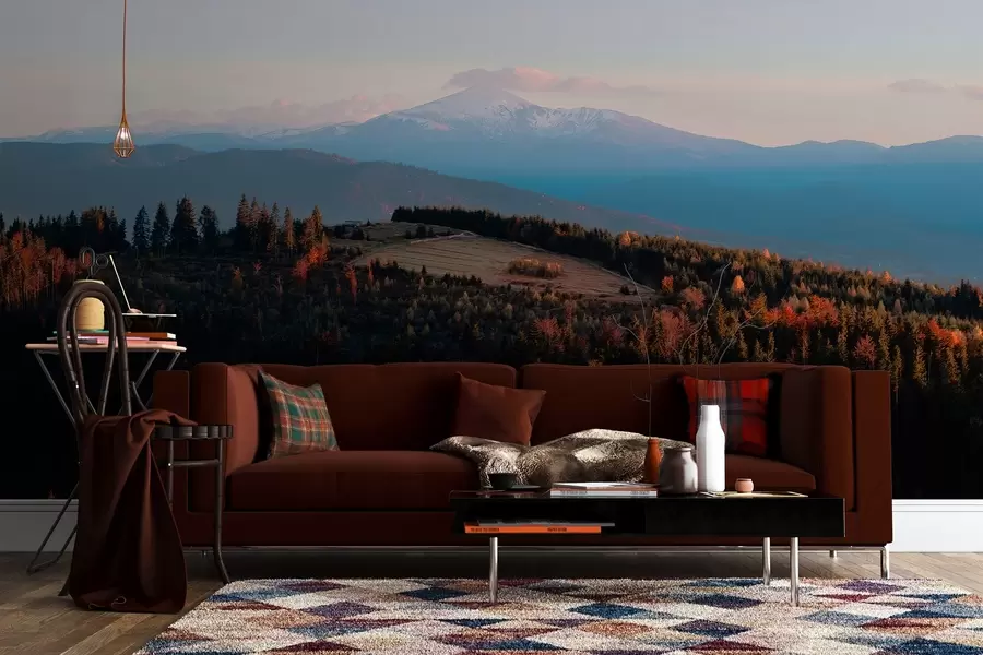 Фототапет Карпатски планини, текстура в масления стил, есенна гора, небе по залез w04098