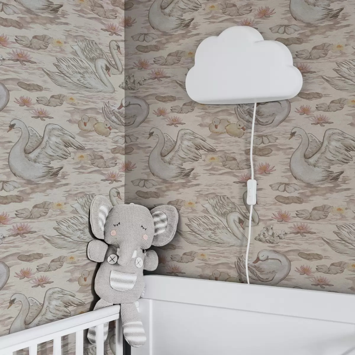 Тапети Лебеди с пиленца на розов фон с водни лилии a00176