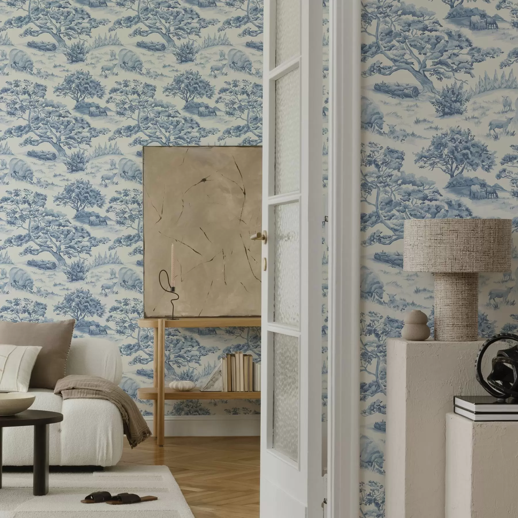 Фототапет Селски пейзаж в сини тонове с овце и дървета a00178