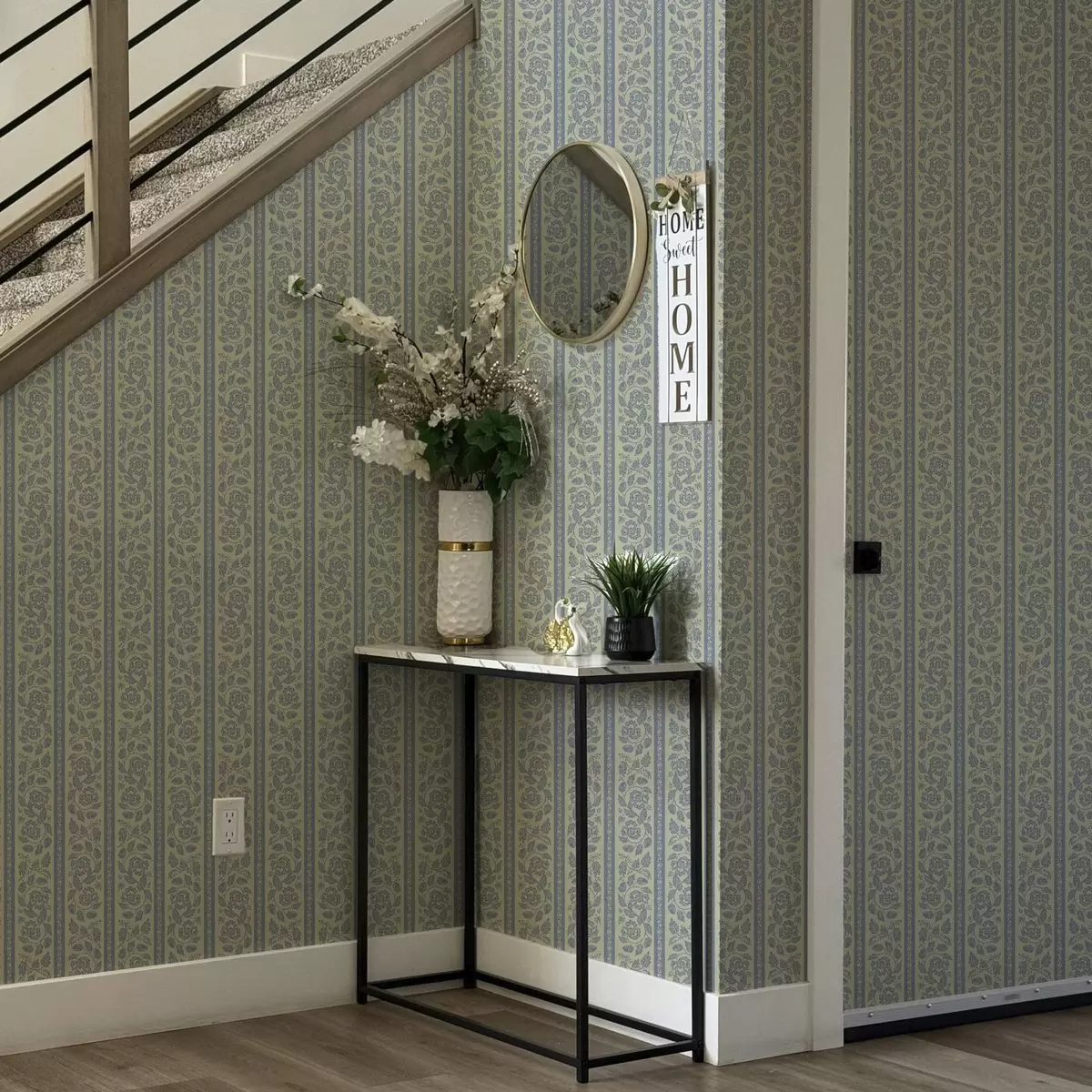 Тапети Флорален орнамент на райета с жълъди в сини и бежови тонове a00181