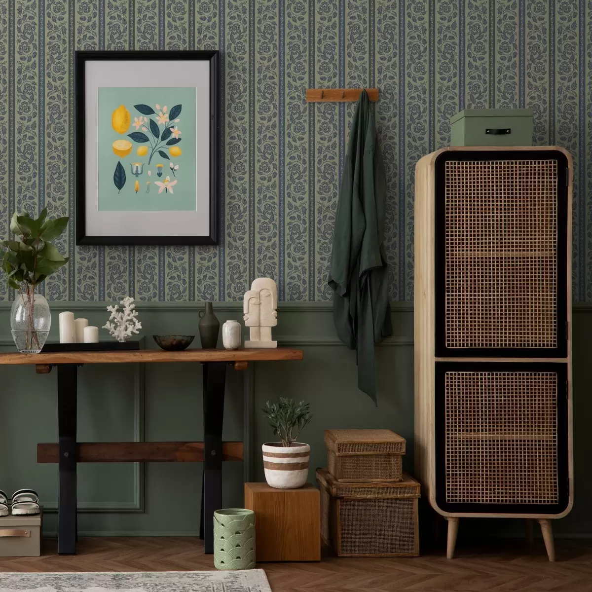 Тапети Винтидж син орнамент с цветя и жълъди a00181v1