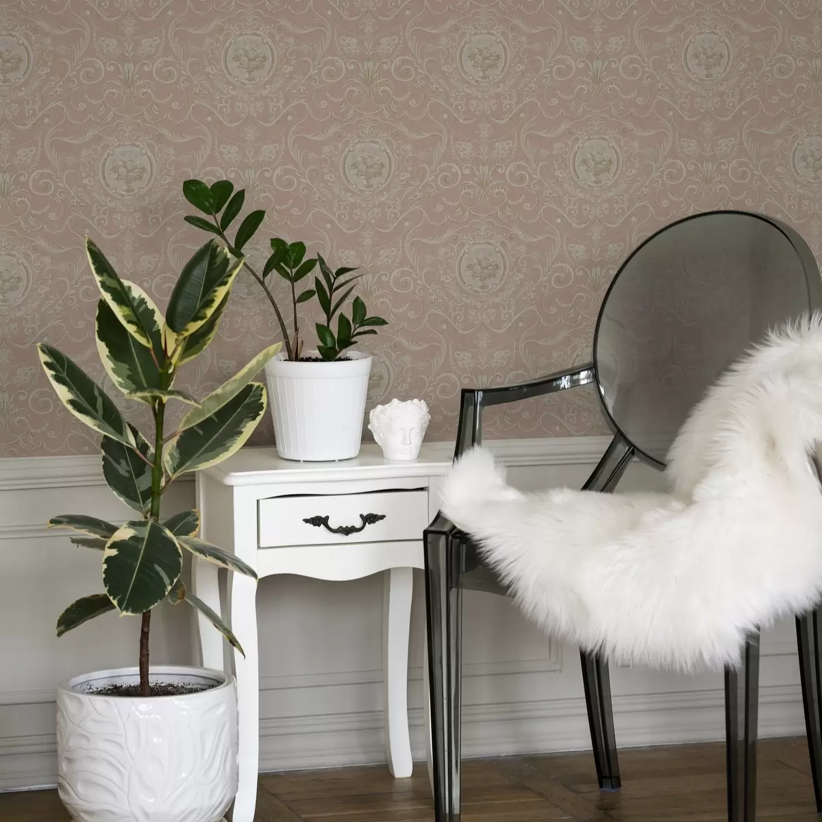 Тапети Розов класически модел с медальони и цветя a00185