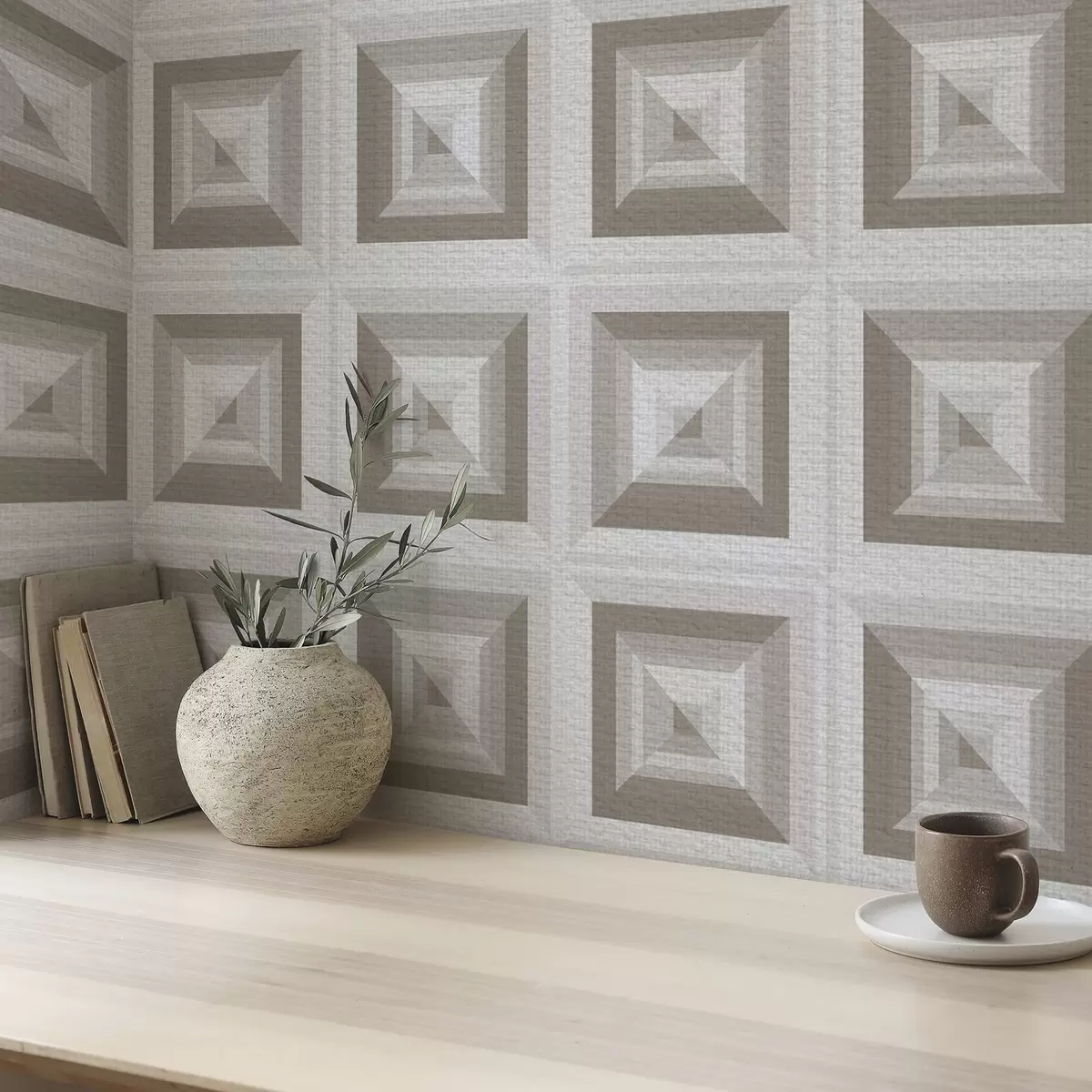 Тапети Геометричен триизмерен модел в сиво и бежово a00187