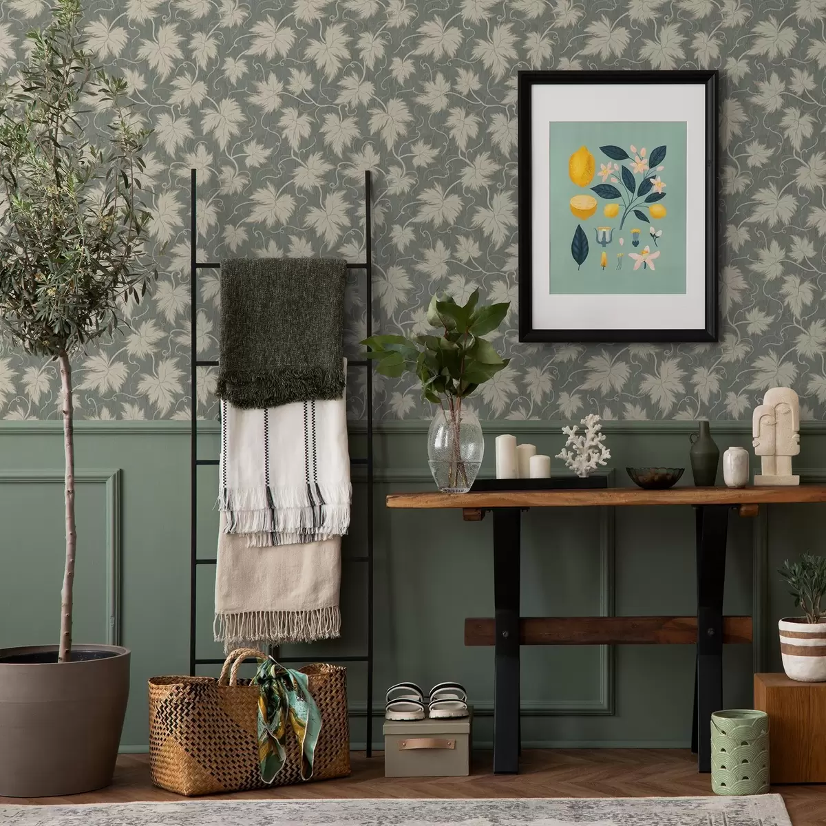 Тапети Бяло гроздово листо на зелен фон a00194