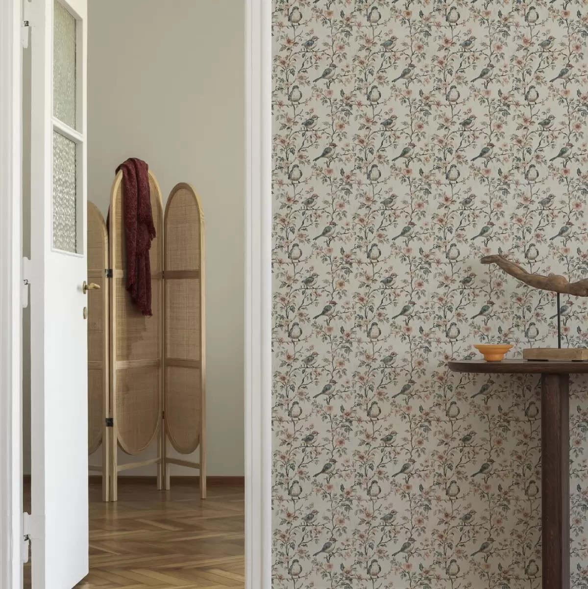 Тапети Птици върху клони с цветя в ретро акварелен стил a00197