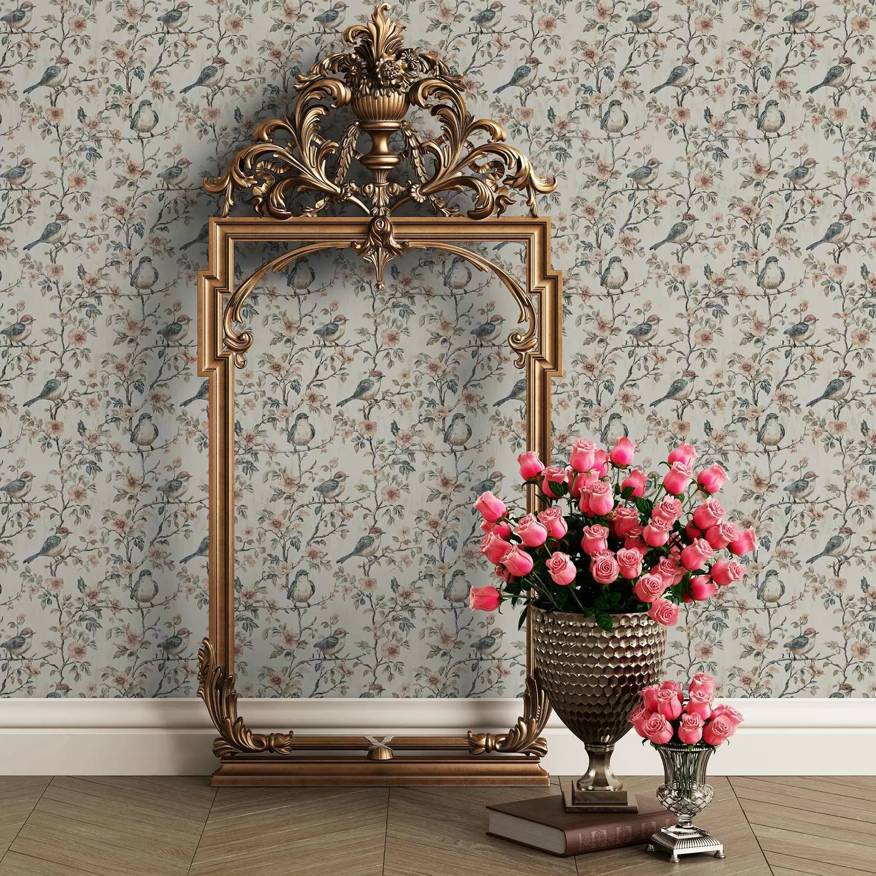 Фототапет Птици върху клони с цветя в ретро акварелен стил a00197