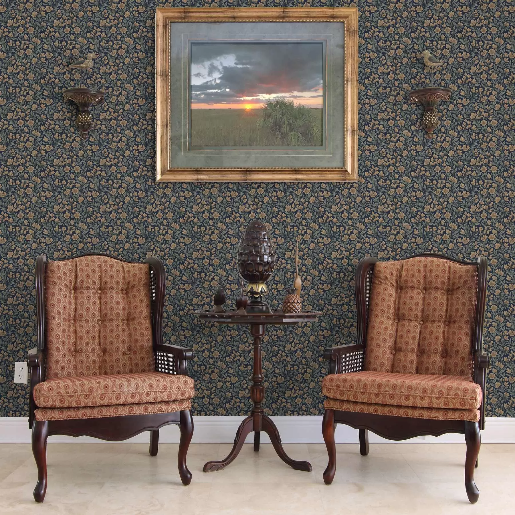 Фототапет Оранжеви цветя на тъмносин фон във винтидж стил a00200