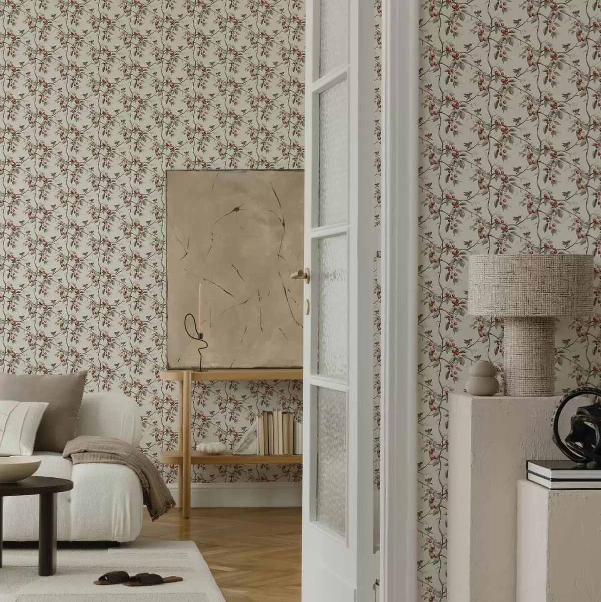 Тапети Птици сред черешови клони с червени плодове a00206