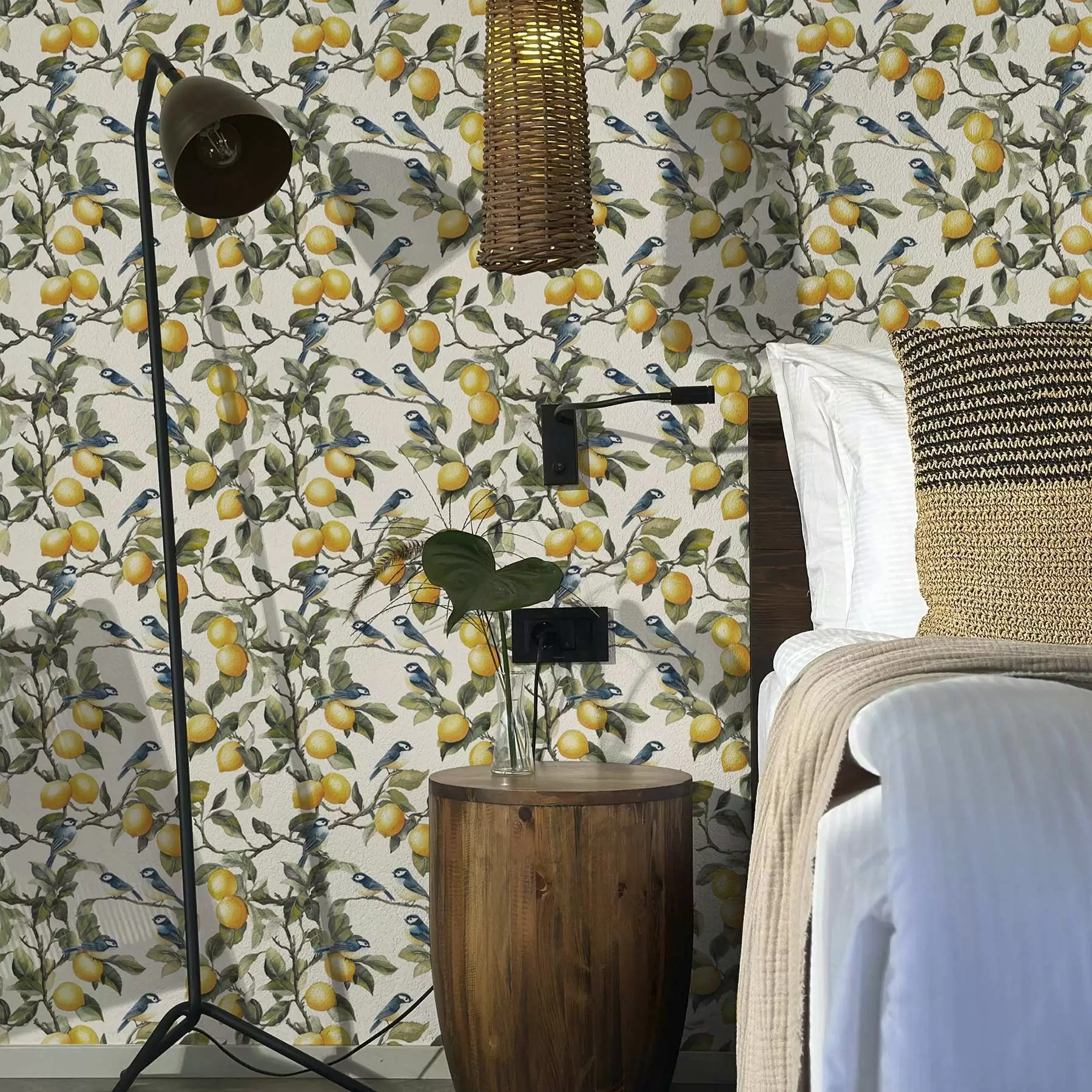 Фототапет Птици и лимони по клоните, акварелна ботаническа рисунка a00207