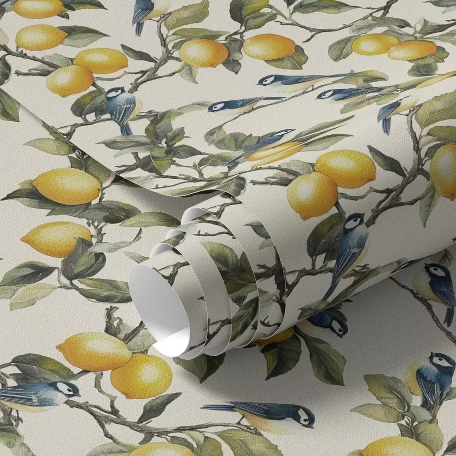 Фототапет Птици и лимони по клоните, акварелна ботаническа рисунка a00207