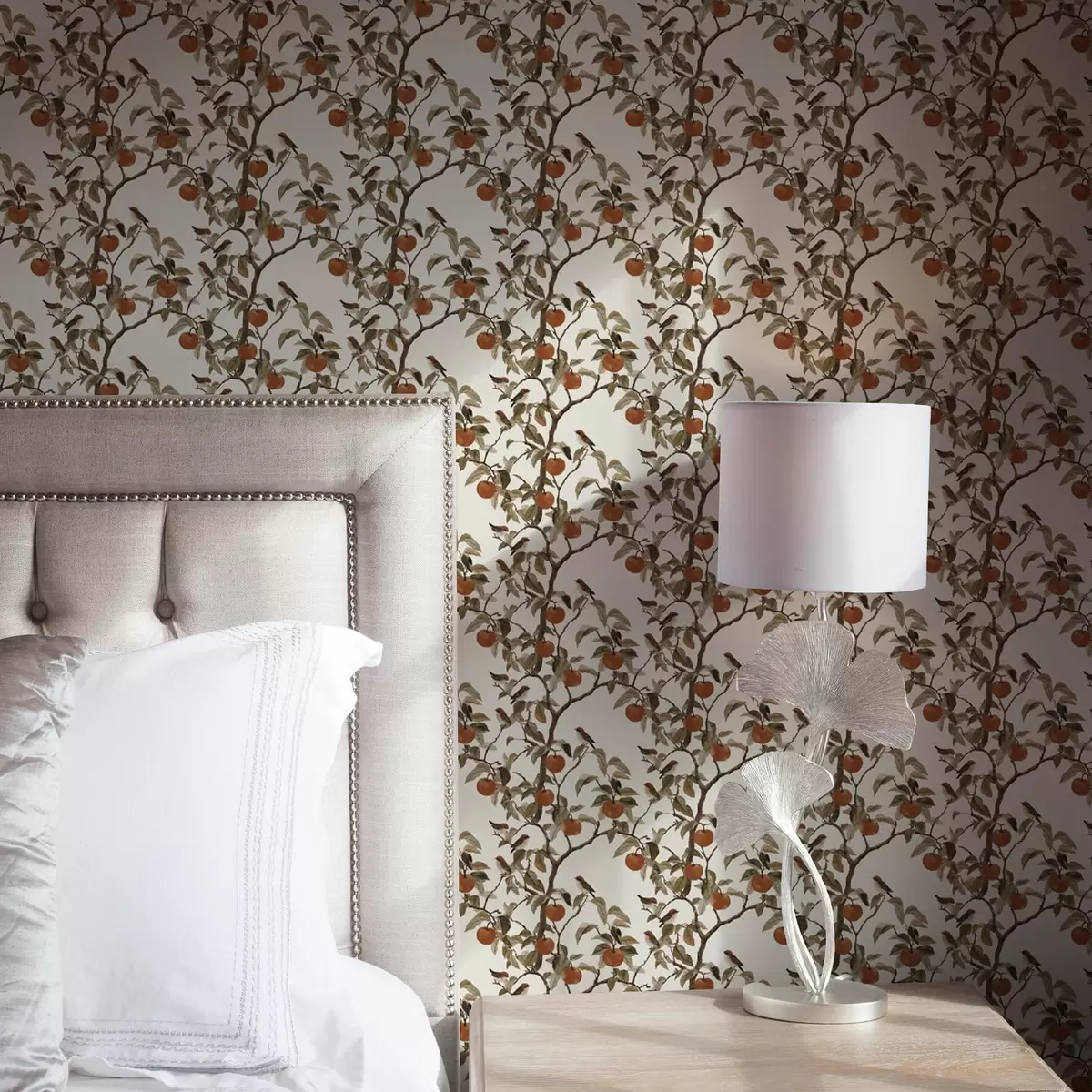 Тапети Птици и портокали върху клони, винтидж ботаника a00208