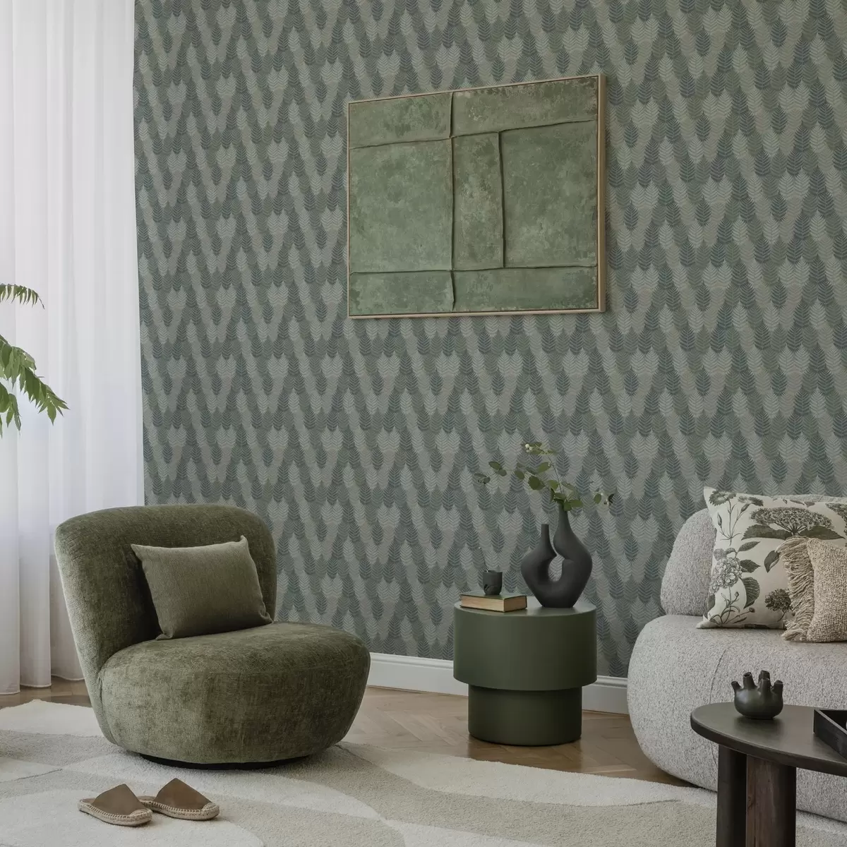 Тапети Листа от папрат, геометричен модел, зелени и сини цветове a00211