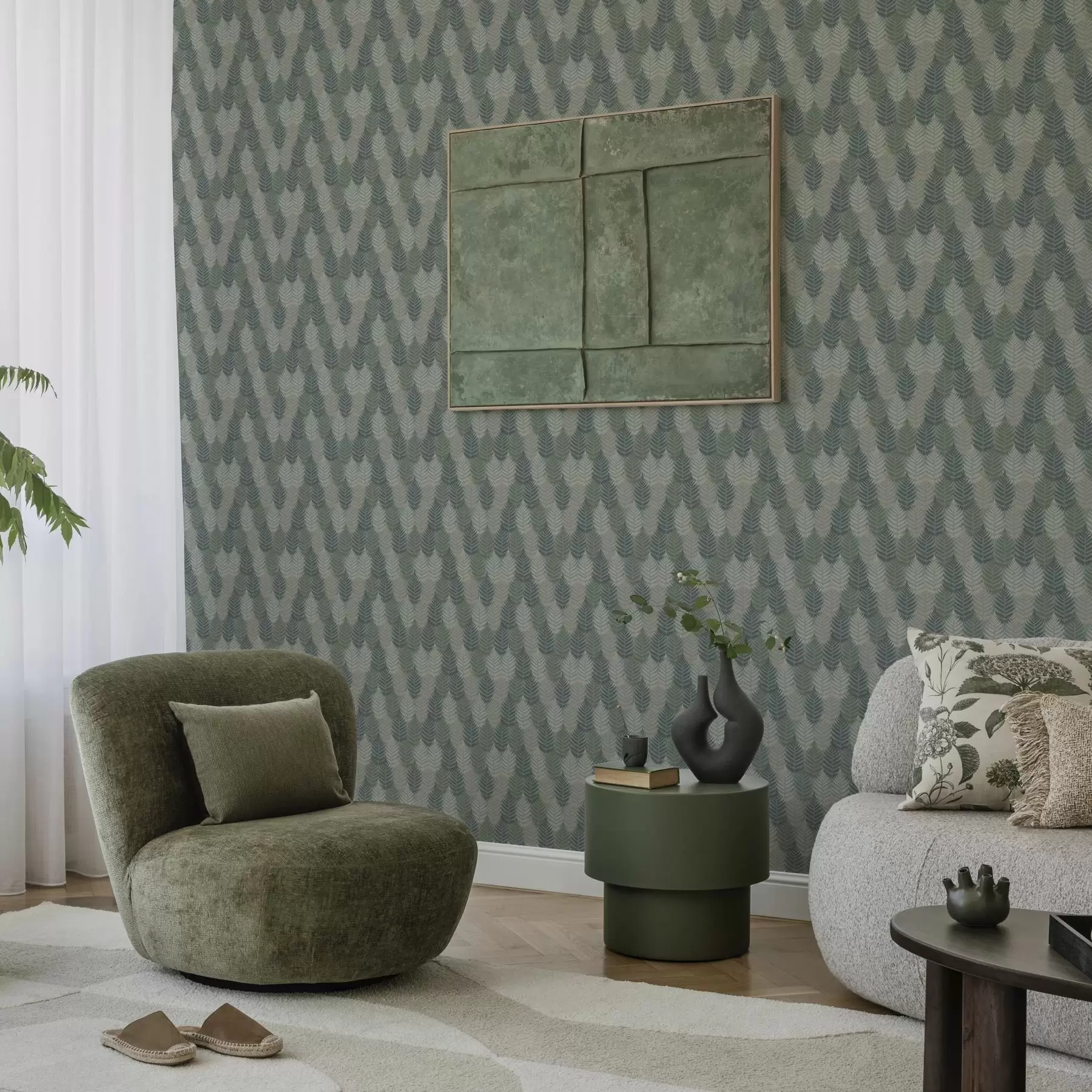 Фототапет Листа от папрат, геометричен модел, зелени и сини цветове a00211