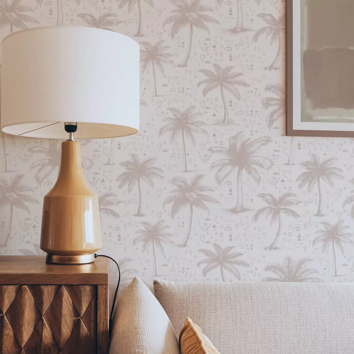 Тапети Палми с етнически символи, пастелно розов тон a00213