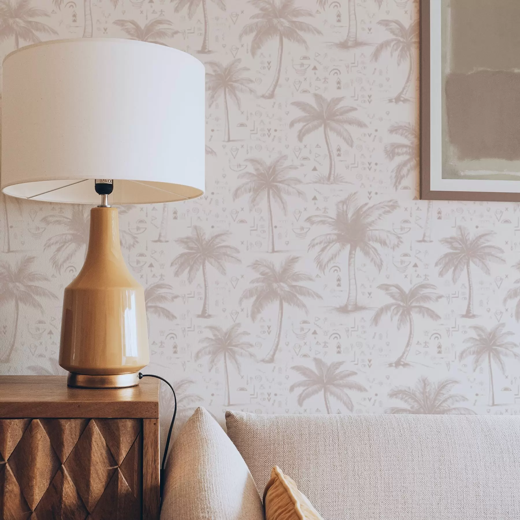 Фототапет Палми с етнически символи, пастелно розов тон a00213