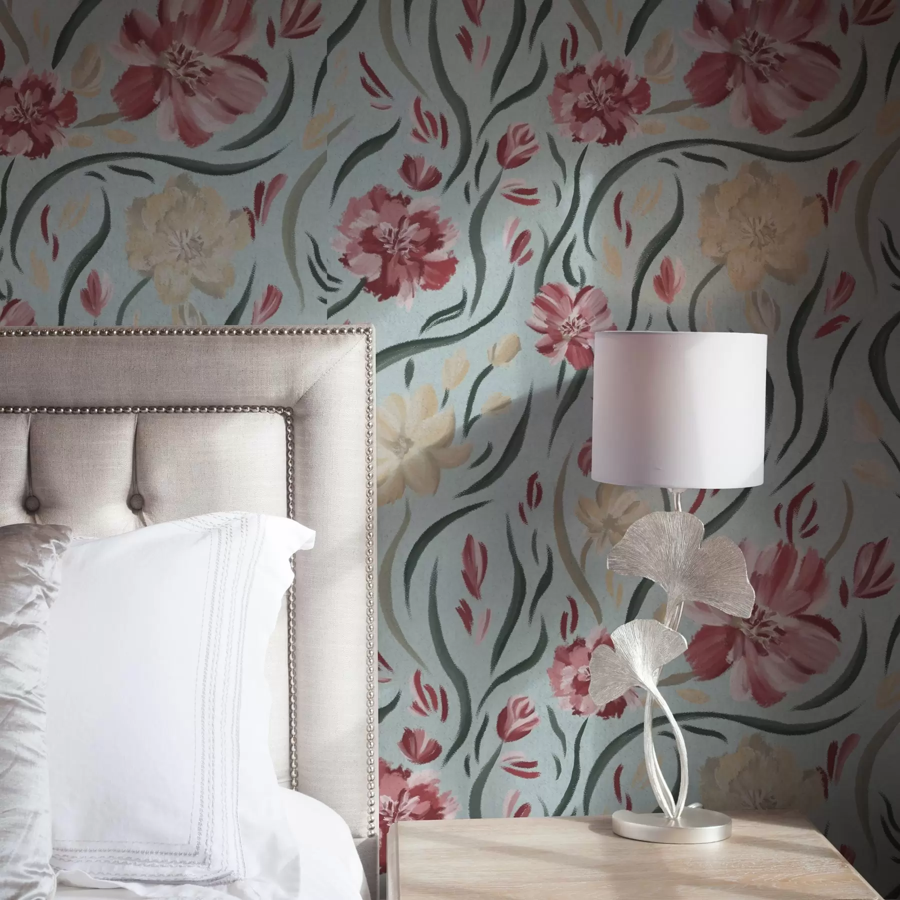 Фототапет Акварелни цветя на син фон, червен и бежов модел a00216