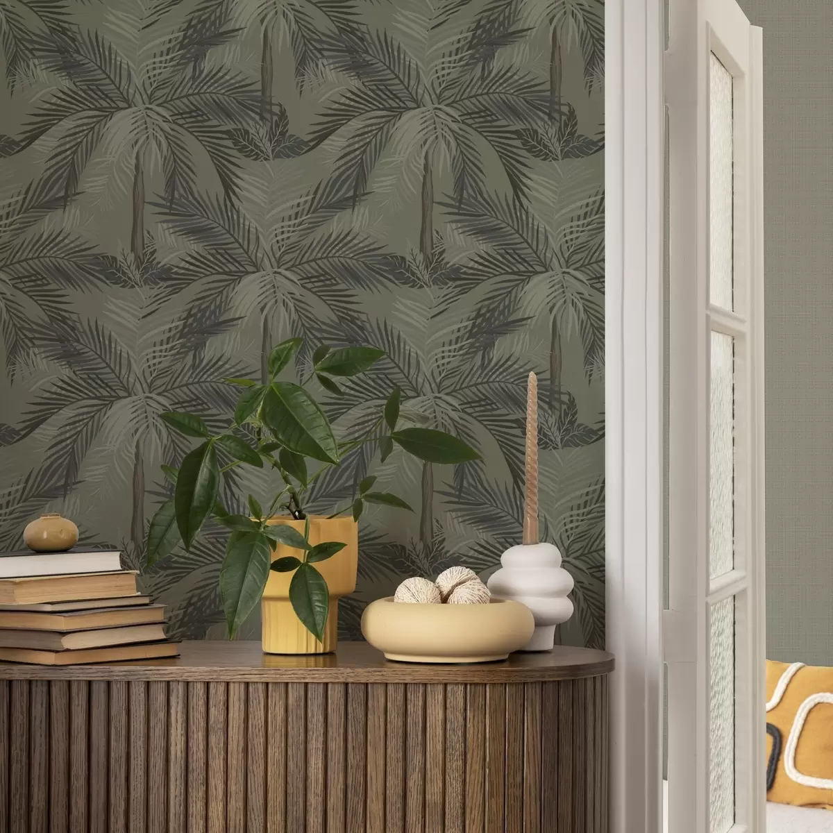 Тапети Палмови листа на маслинов фон, джунгла, тропици a00217