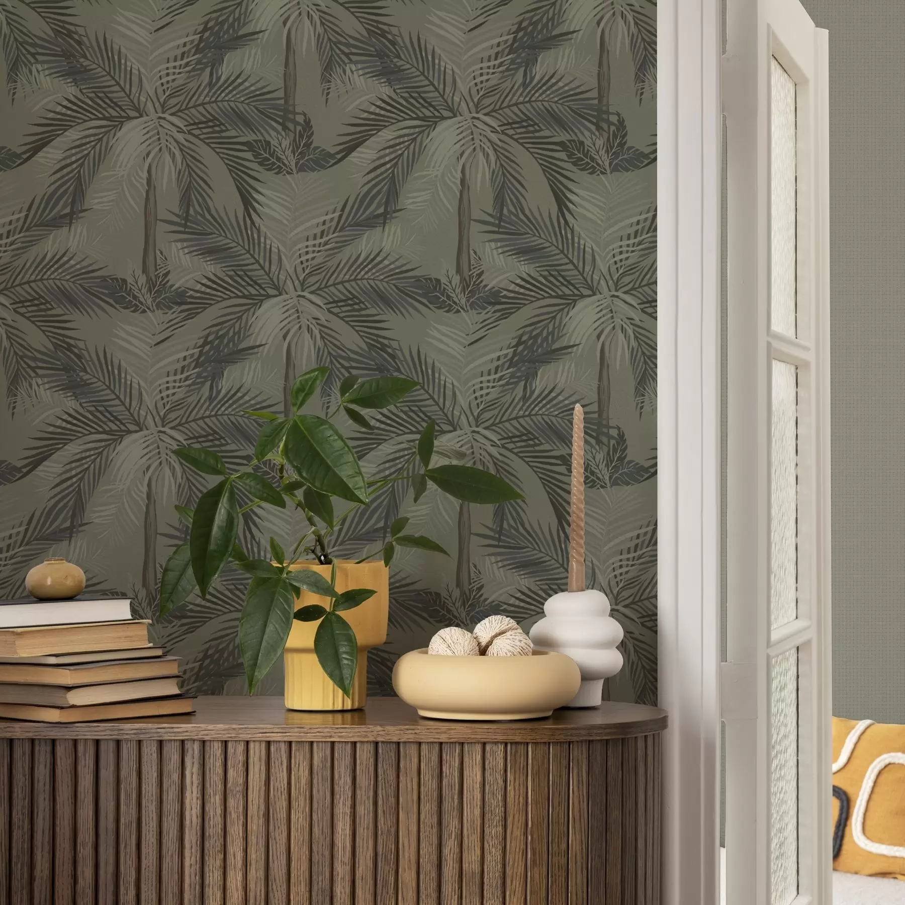 Фототапет Палмови листа на маслинов фон, джунгла, тропици a00217