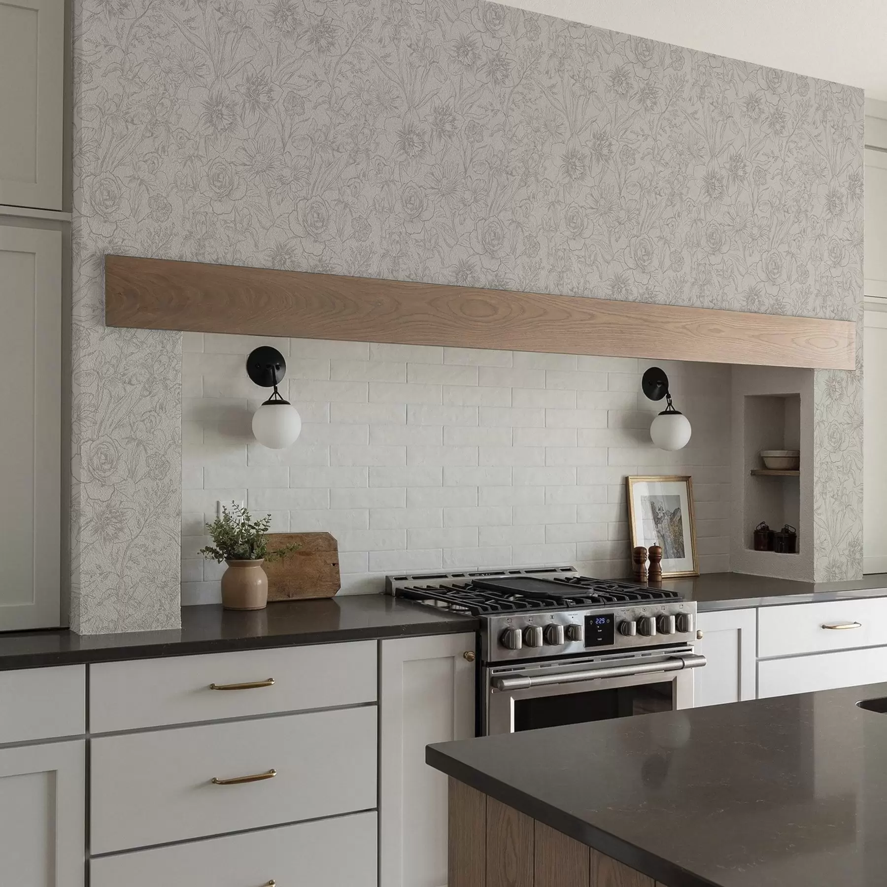 Фототапет Контурни цветя на кремав фон, деликатен флорален модел a00218