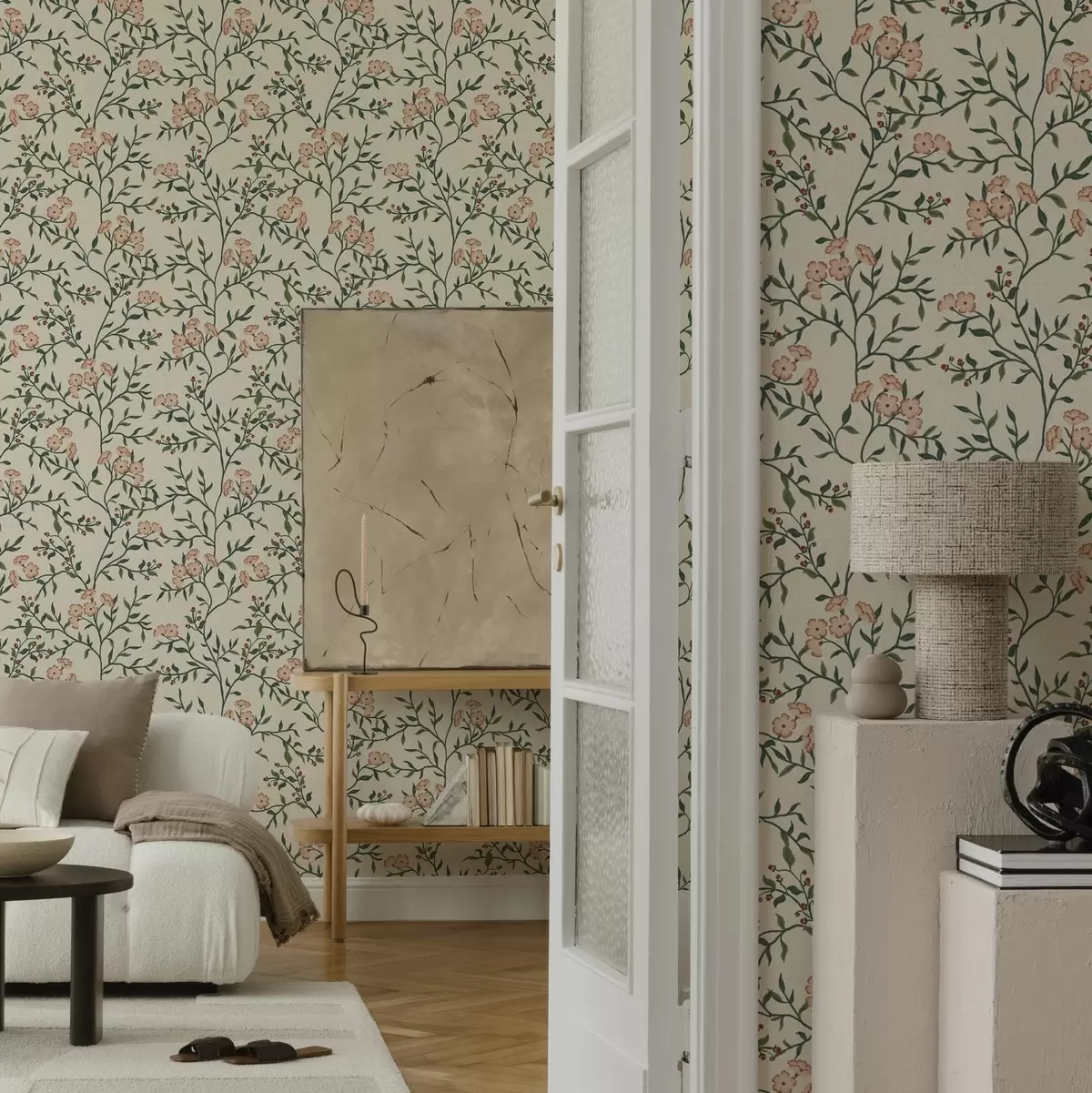 Тапети Ажурни клонки с коралови цветя, флорален десен a00221