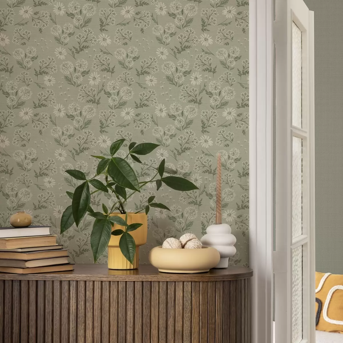 Тапети Глухарчета и маргаритки, ботанически модел на сиво-зелен фон a00224