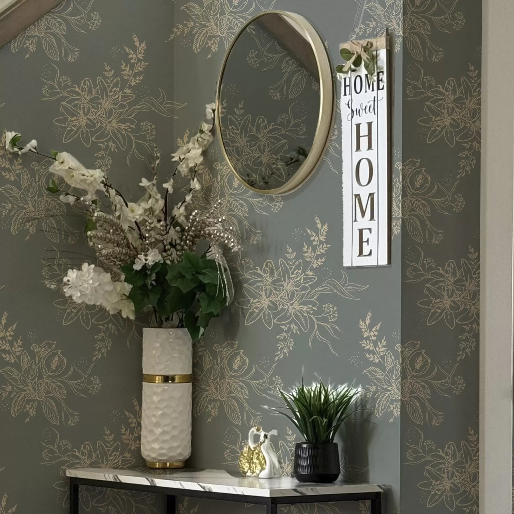 Фототапет Контурни цветя на синьо-сив фон, елегантен ботанически модел a00226