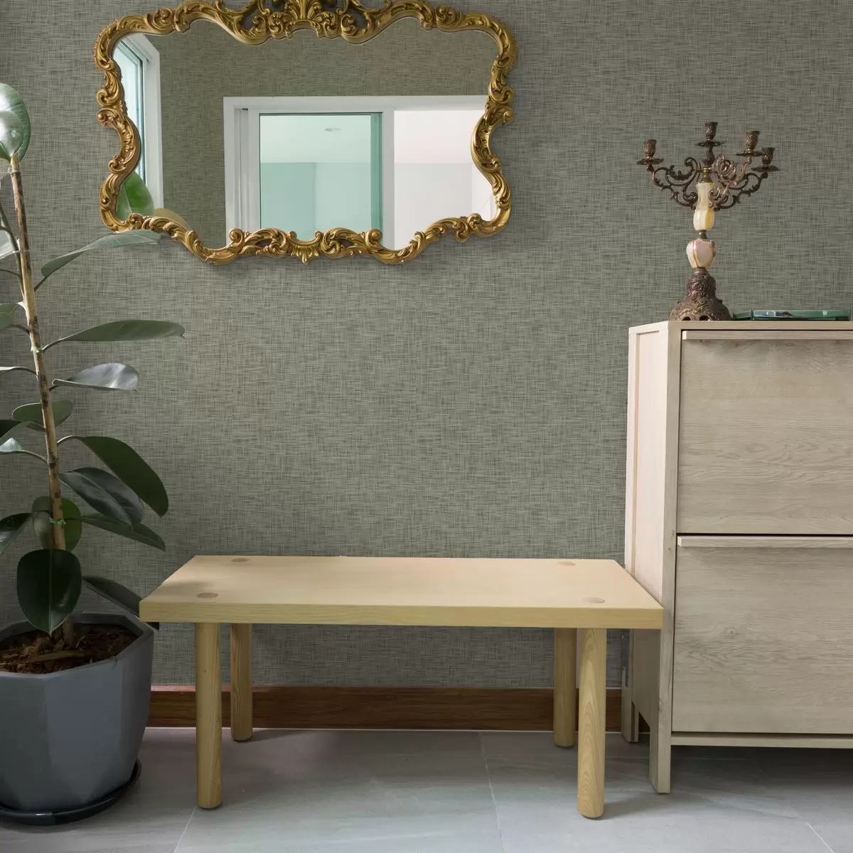 Тапети Сиво-зелена текстура на плата, модел на ленена решетка a00235