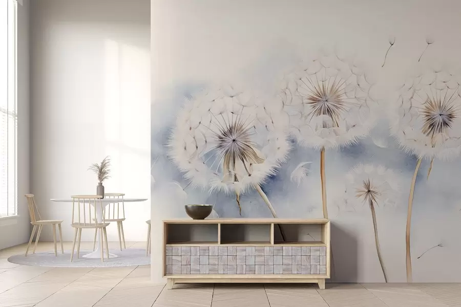 Фототапет Текстурирани глухарчета със семена, носещи се във въздуха, светлосин и бял фон, мек деликатен стил на рисуване w09190