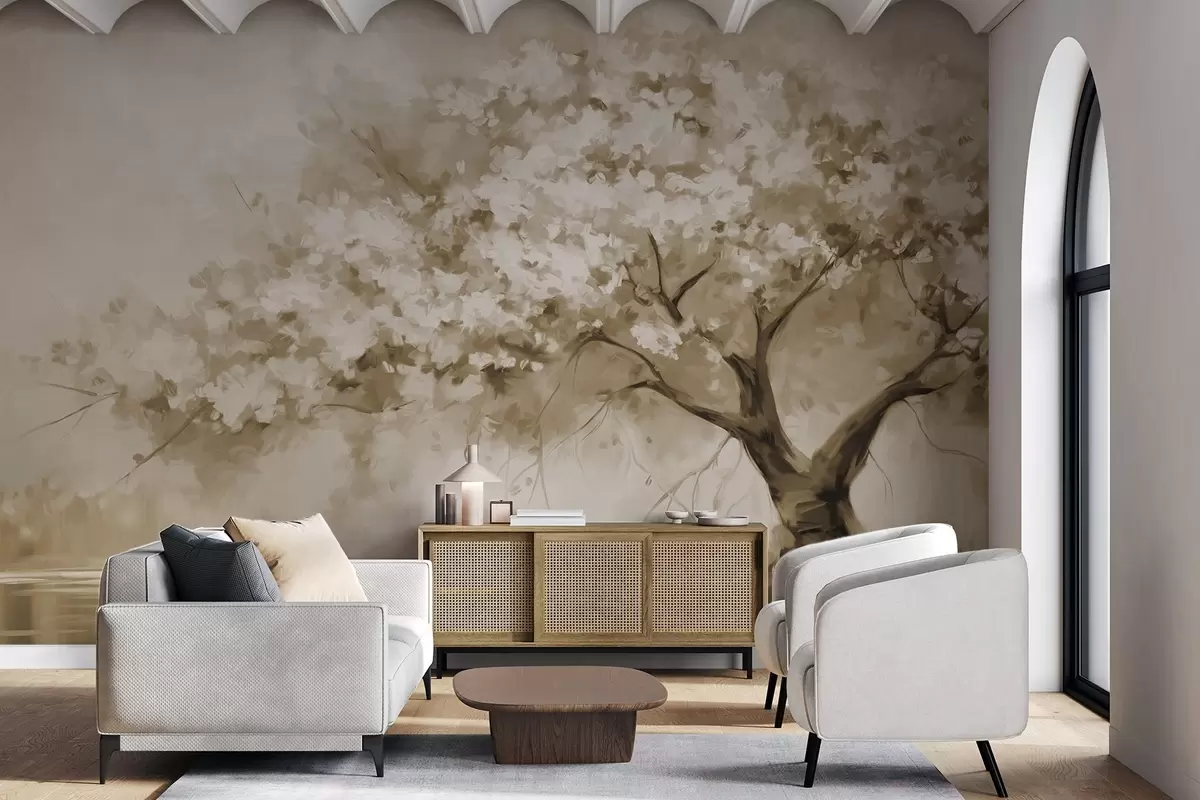 Фототапет Абстрактно бежово цъфтящо дърво до река, меки текстурирани движения на четката и пастелни цветове w09193v1